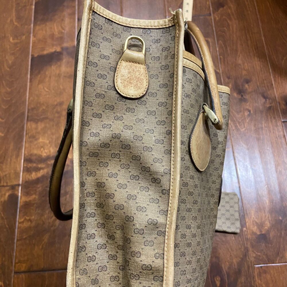 Gucci Authentic Vintage 80s GG Monogram Tan Brown Leather Tote Bag w/ Coin Pouch - Picture 5 of 12